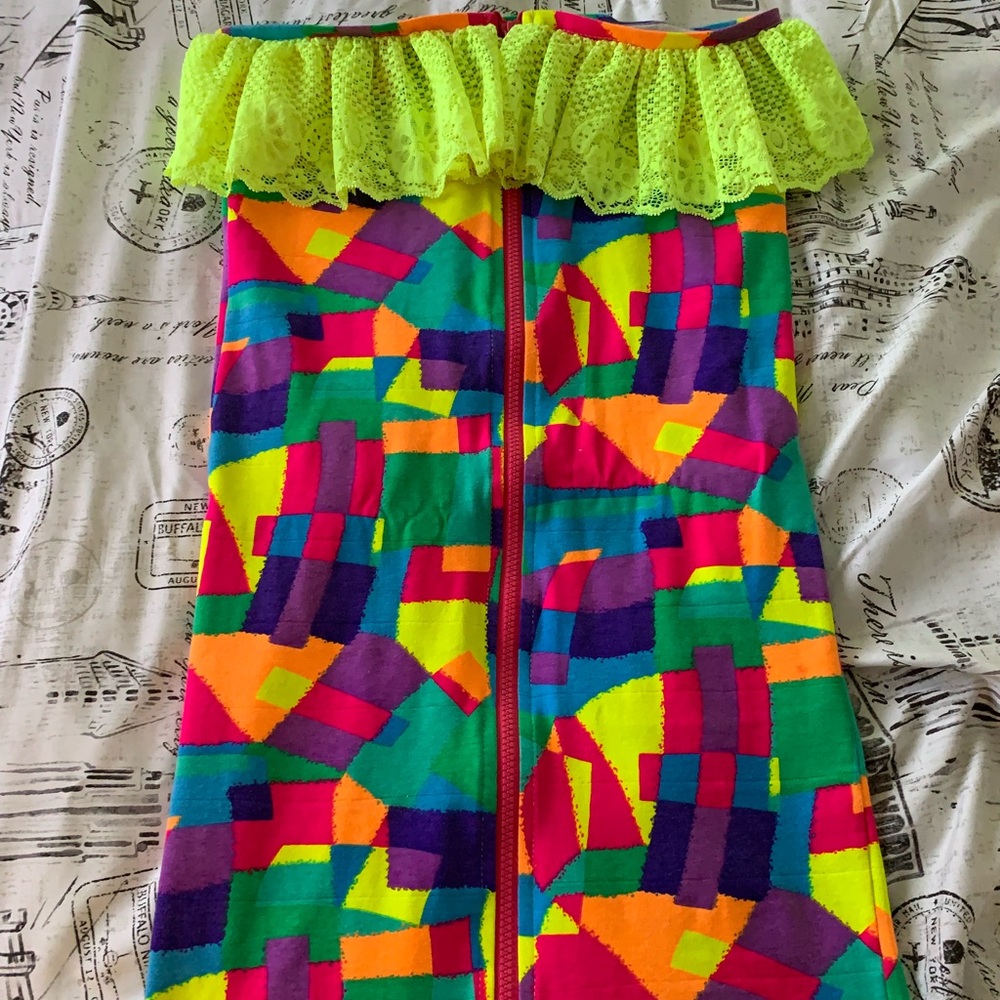 Pavon NYC neon patchwork ruffle tube dress. Wore and seen on Amber Rose.